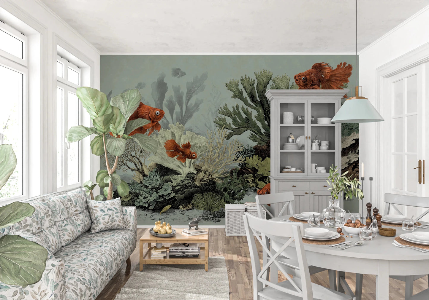 Refreshing seafoam fish mural for a calm interior.