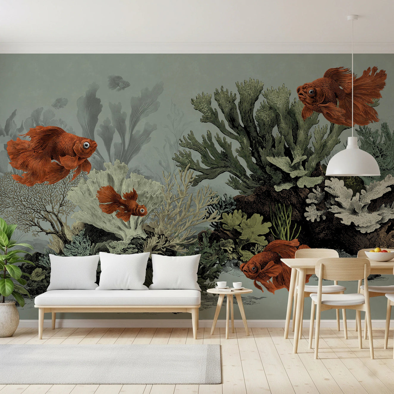 Soft seafoam peel and stick mural with orange fish.