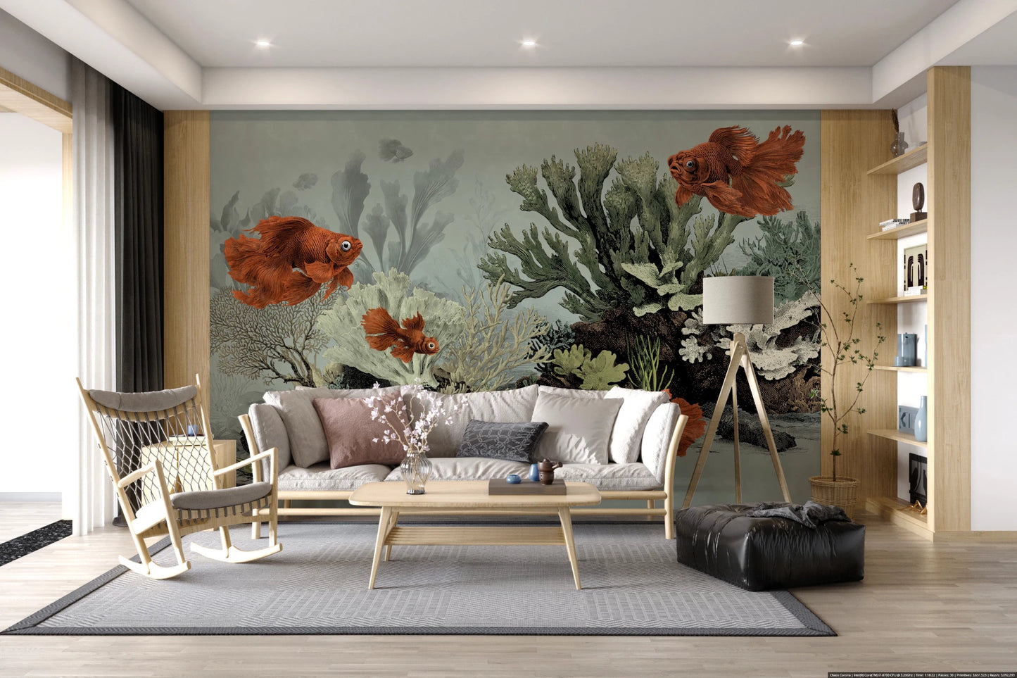 Tranquil seafoam mural featuring aquatic fish art.