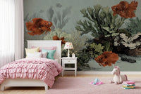 Peel and stick aquarium mural in soft mint tones.