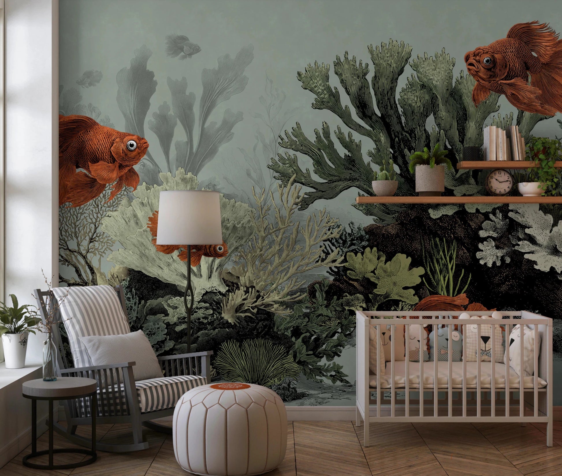 Light green aquarium wall mural with vintage coral.