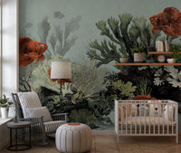 Light green aquarium wall mural with vintage coral.