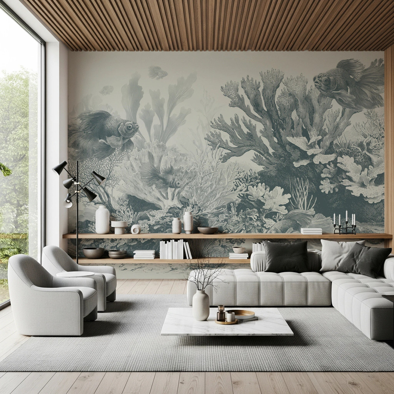 Teal coral reef with vintage goldfish illustration.