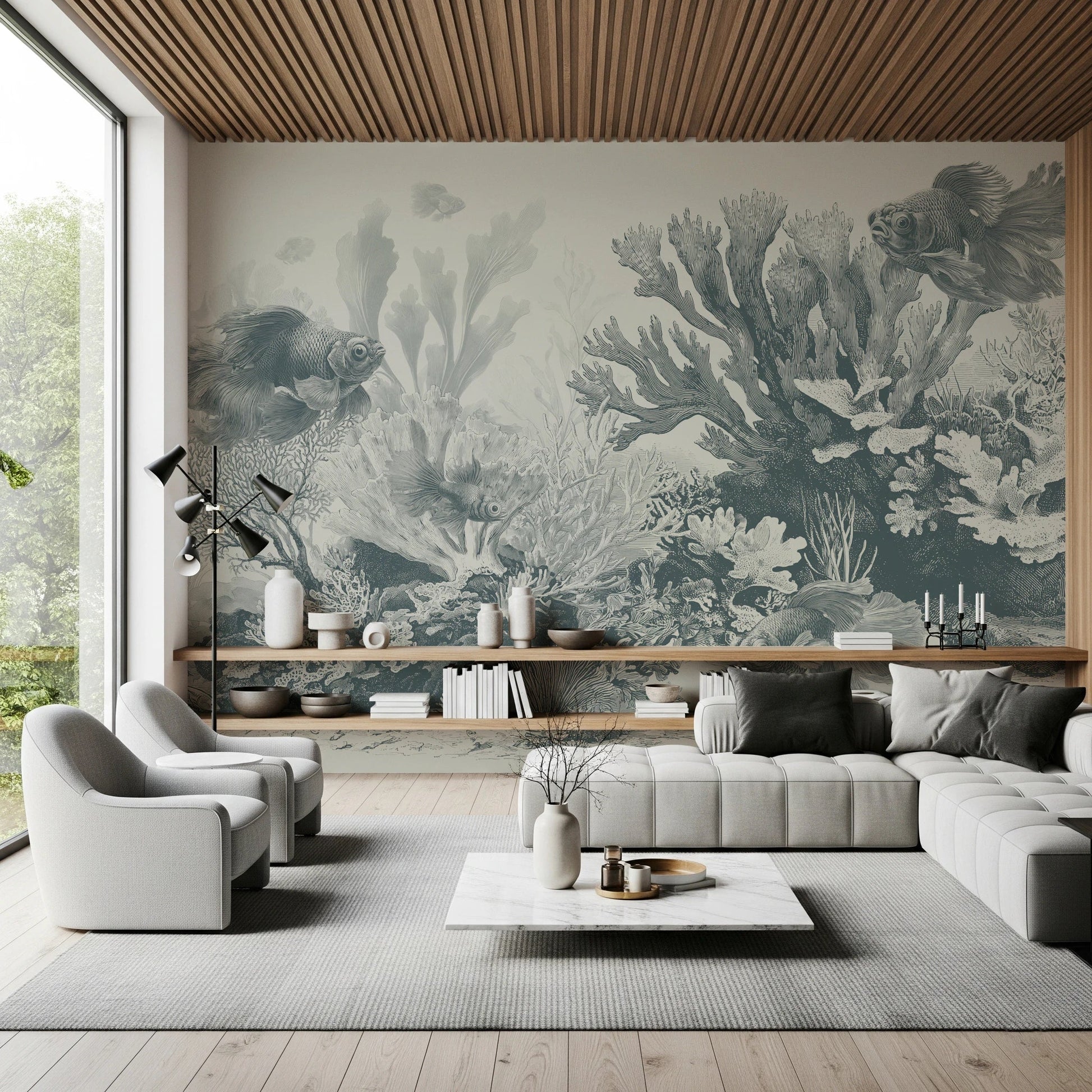 Teal coral reef with vintage goldfish illustration.