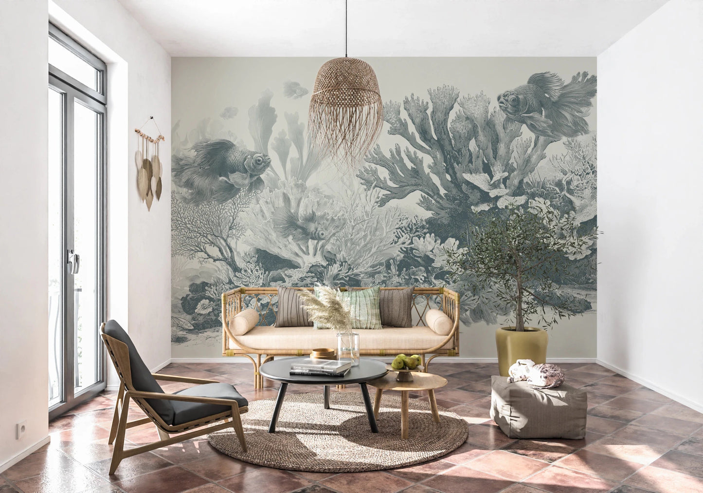 Antique style goldfish swimming in teal ocean.