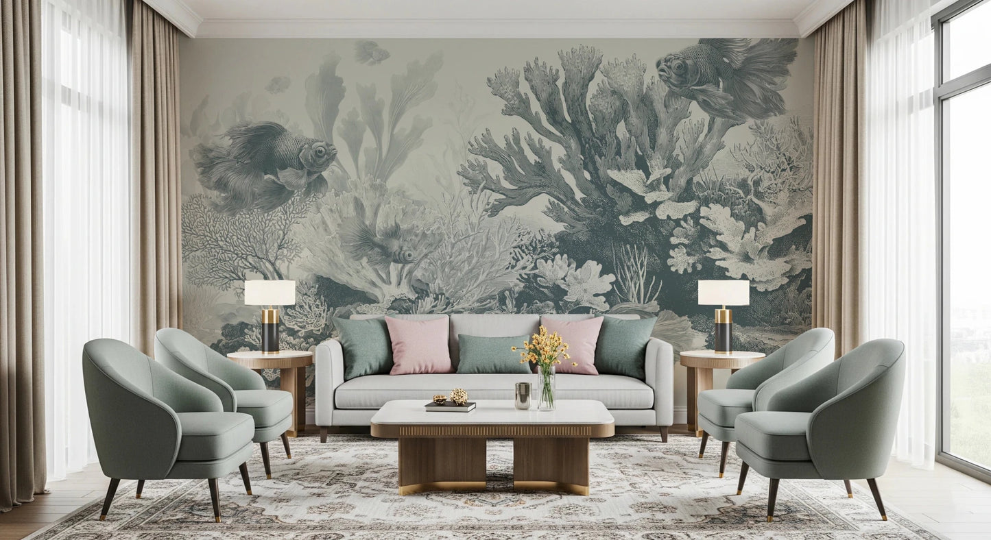 Intricate coral garden wallpaper with swimming fish.