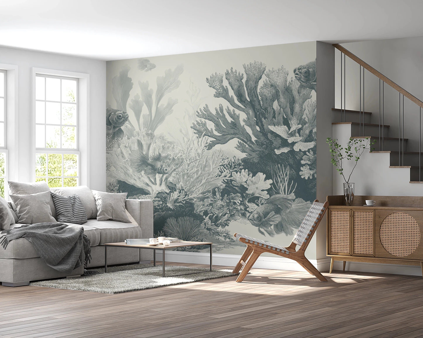 Sophisticated teal aquatic mural for home interiors.
