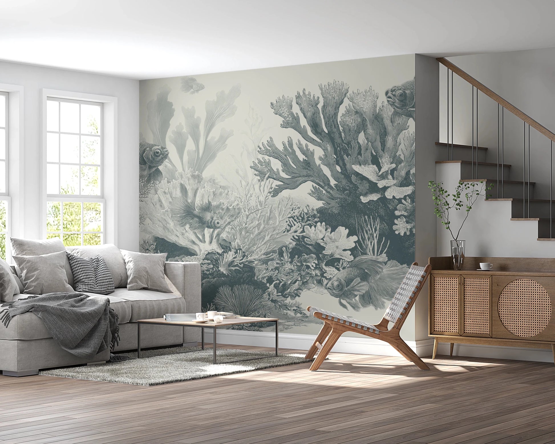 Sophisticated teal aquatic mural for home interiors.