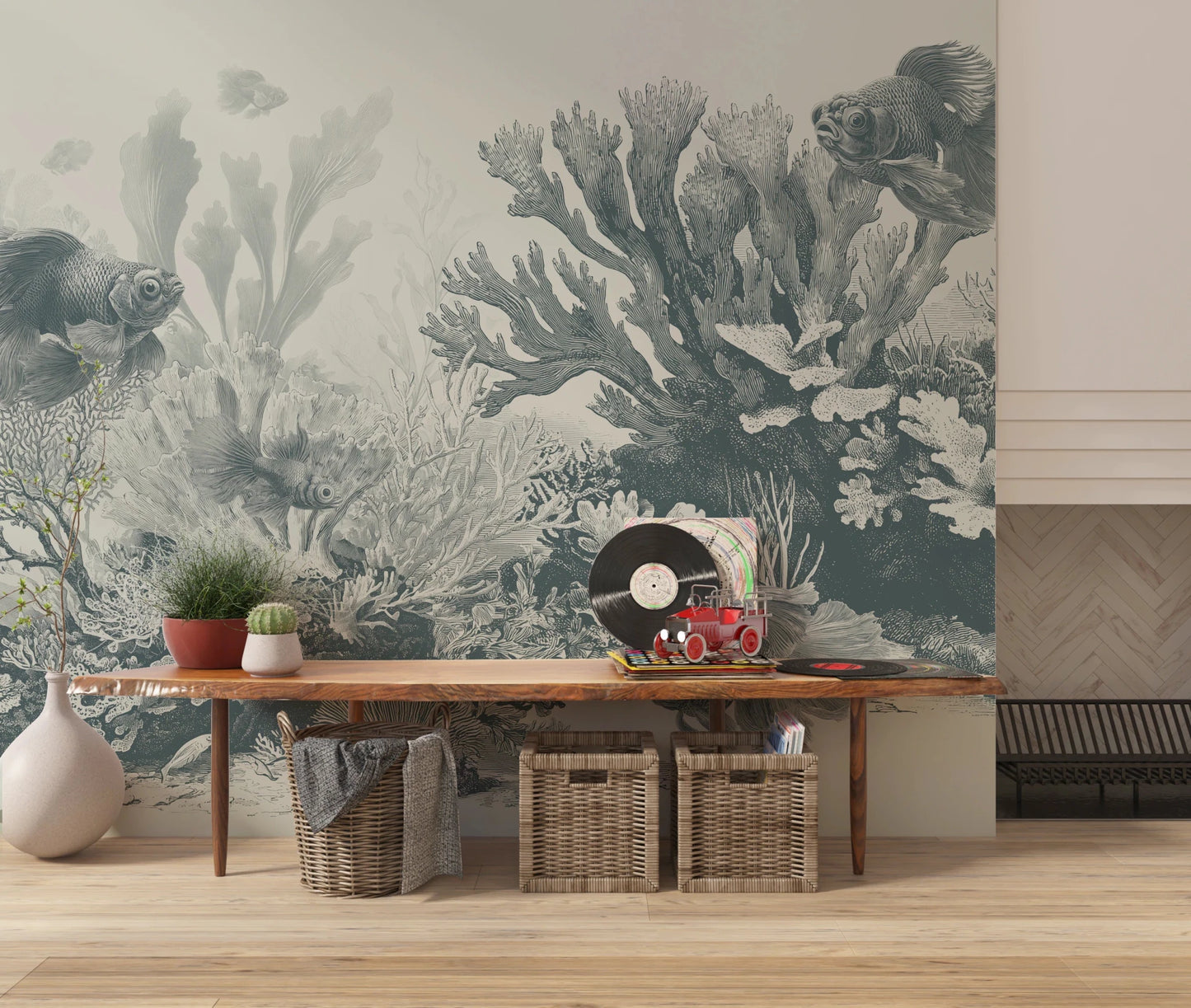 Etched style sea life mural in muted teal tones.