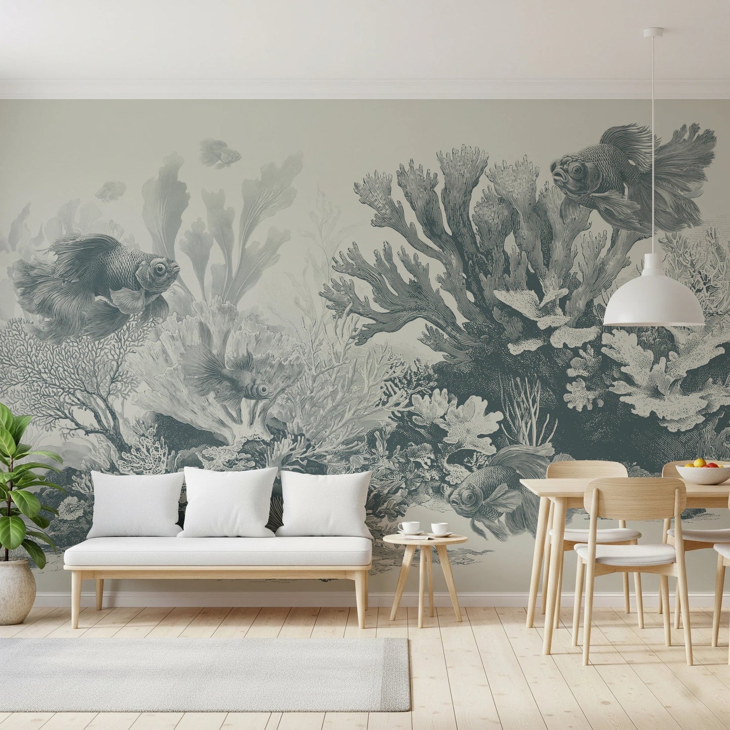 Detailed underwater scene with ornate fish art.