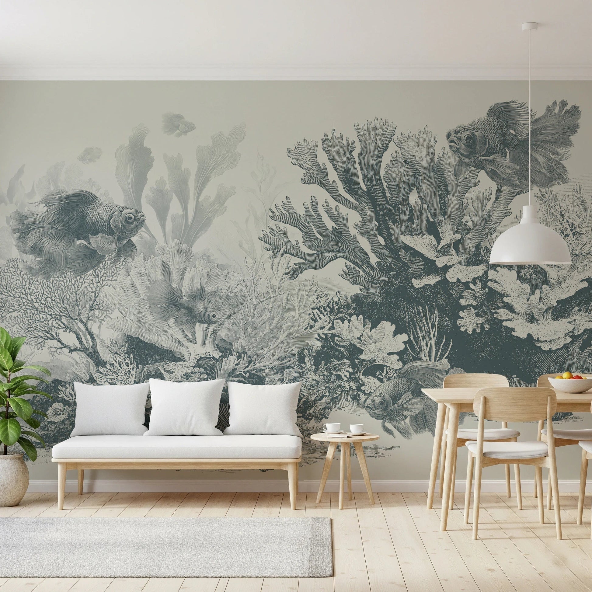 Detailed underwater scene with ornate fish art.