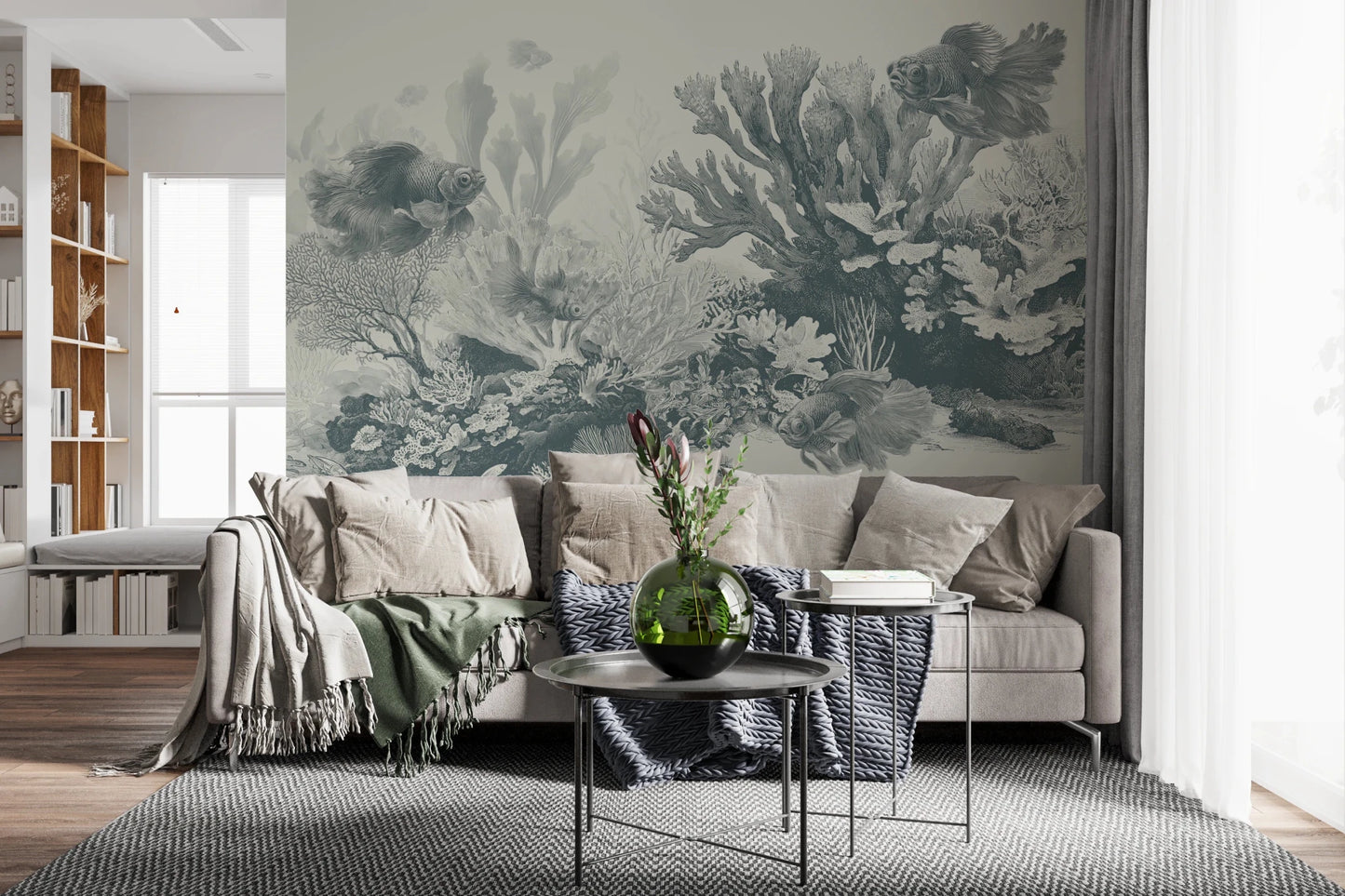 Vintage etched fish and coral reef backdrop.