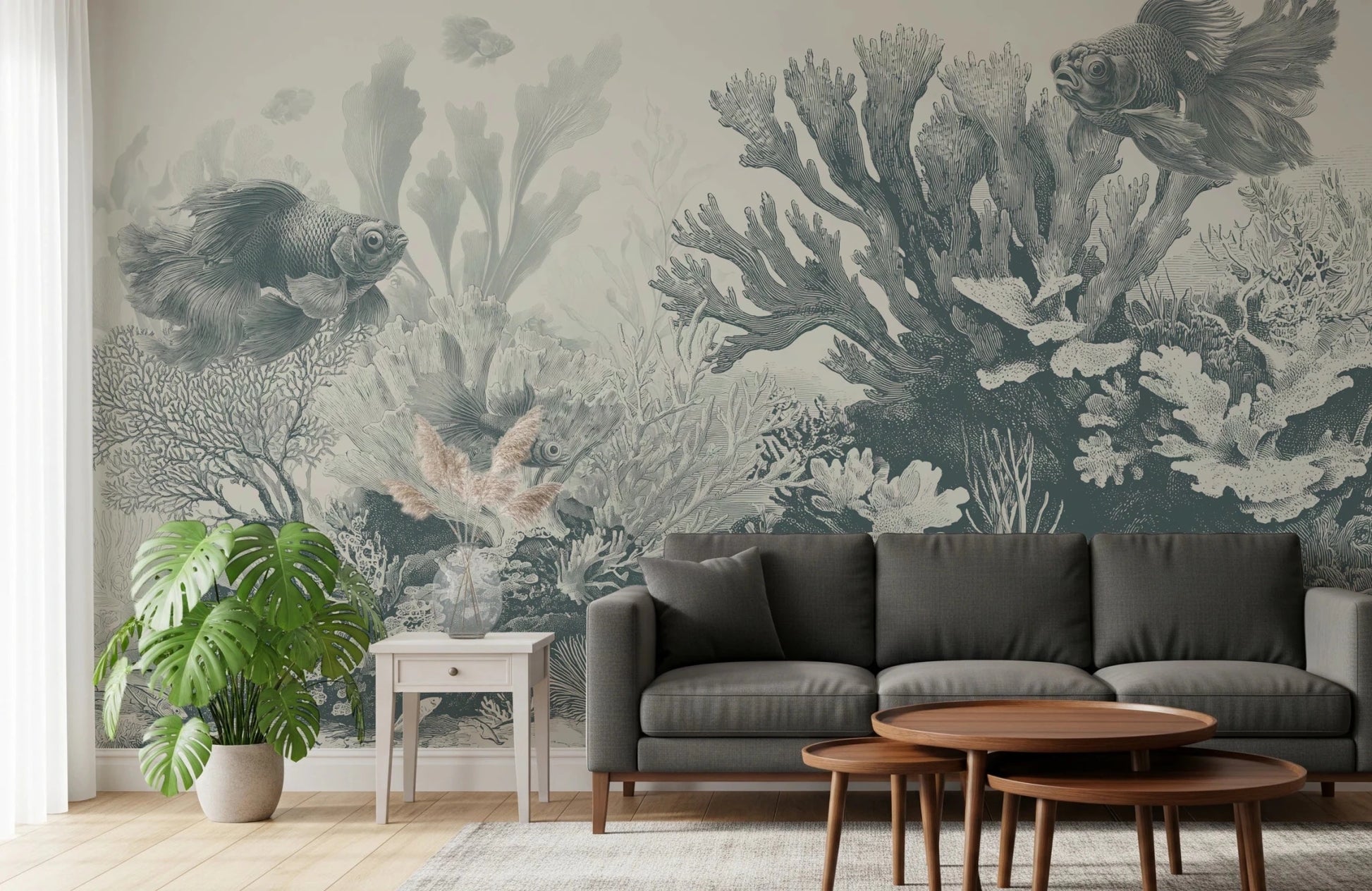 Classic maritime art mural in soft teal hues.