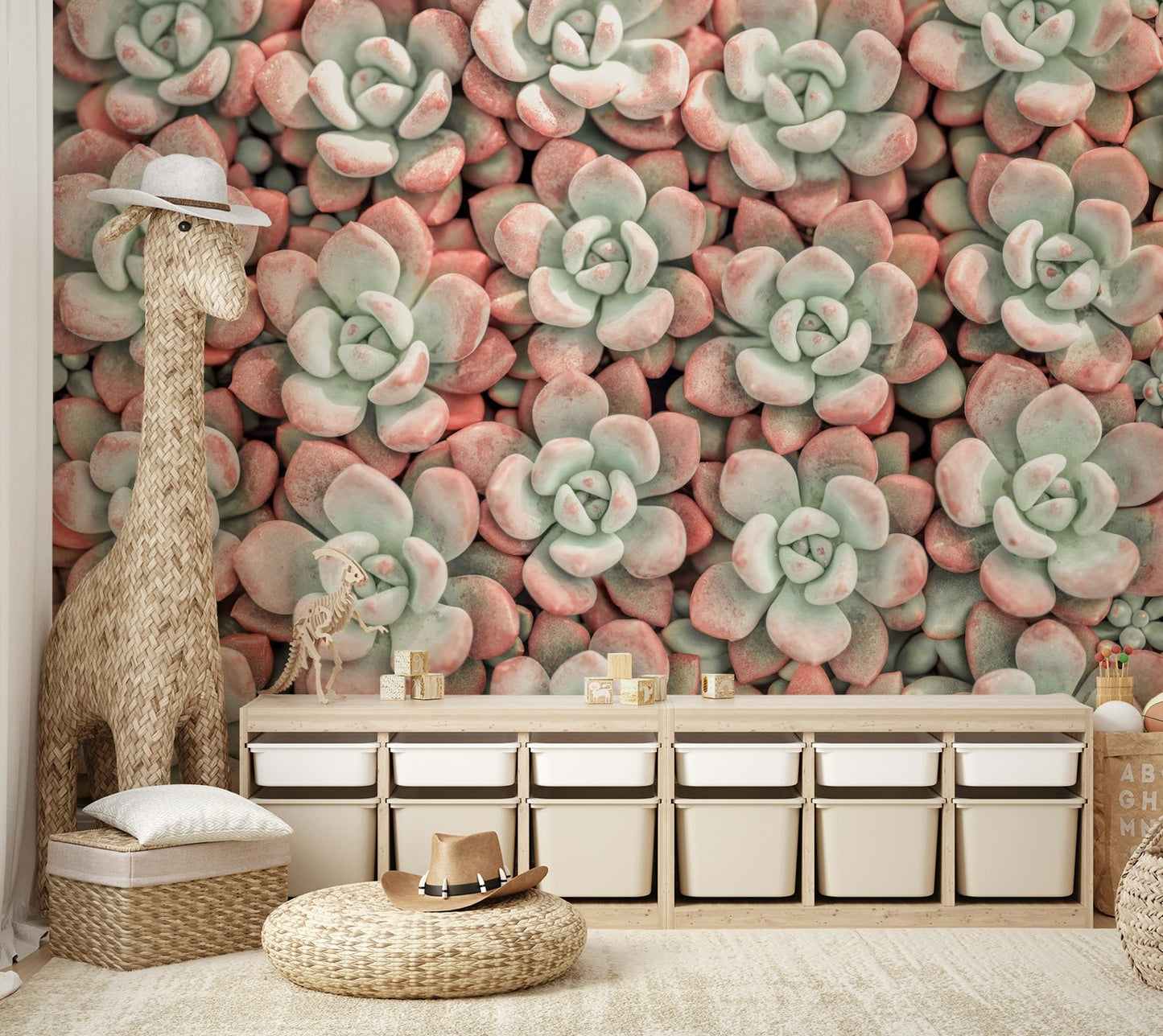 Stylish mural with cactus and succulent forms

