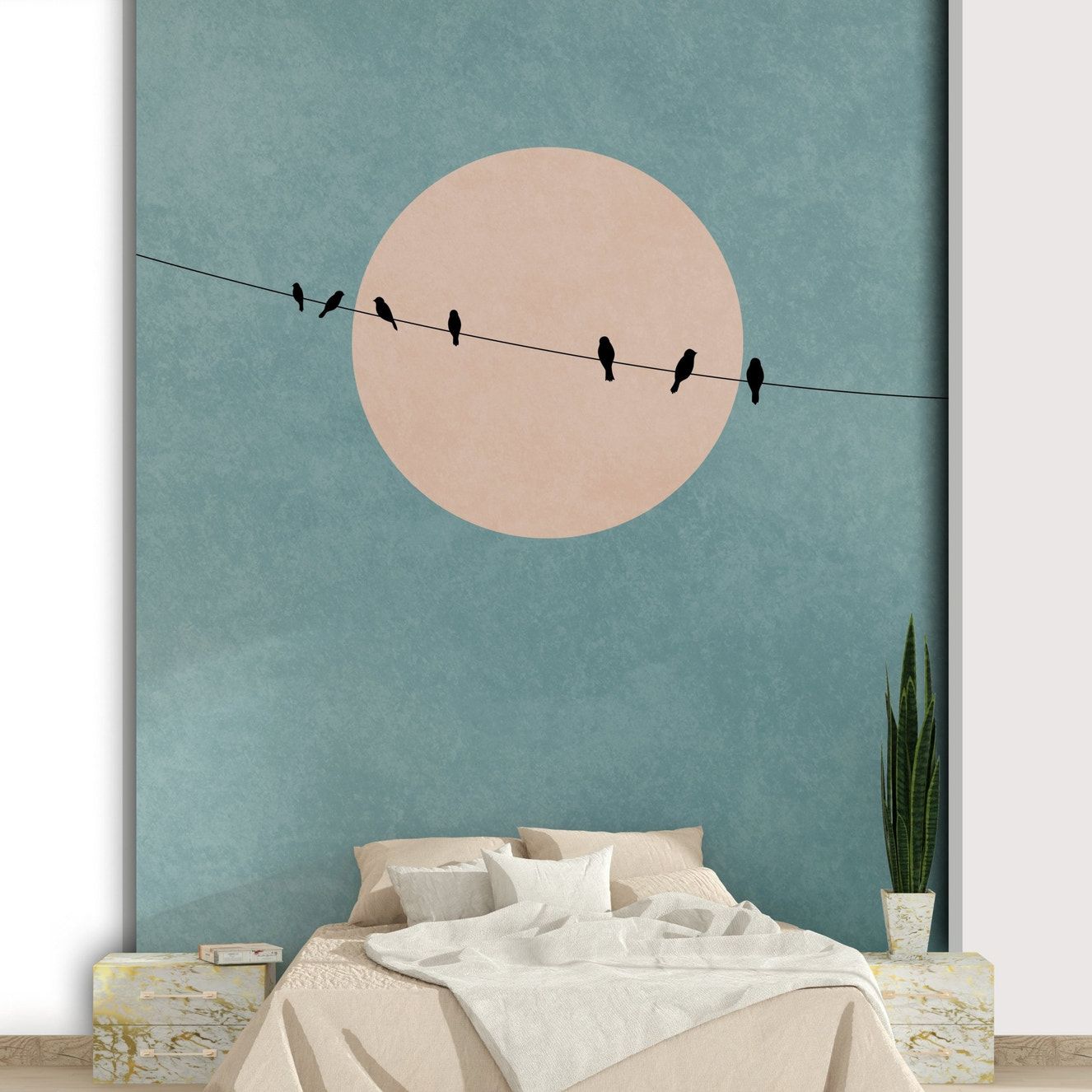 A minimalist and serene wall mural.
