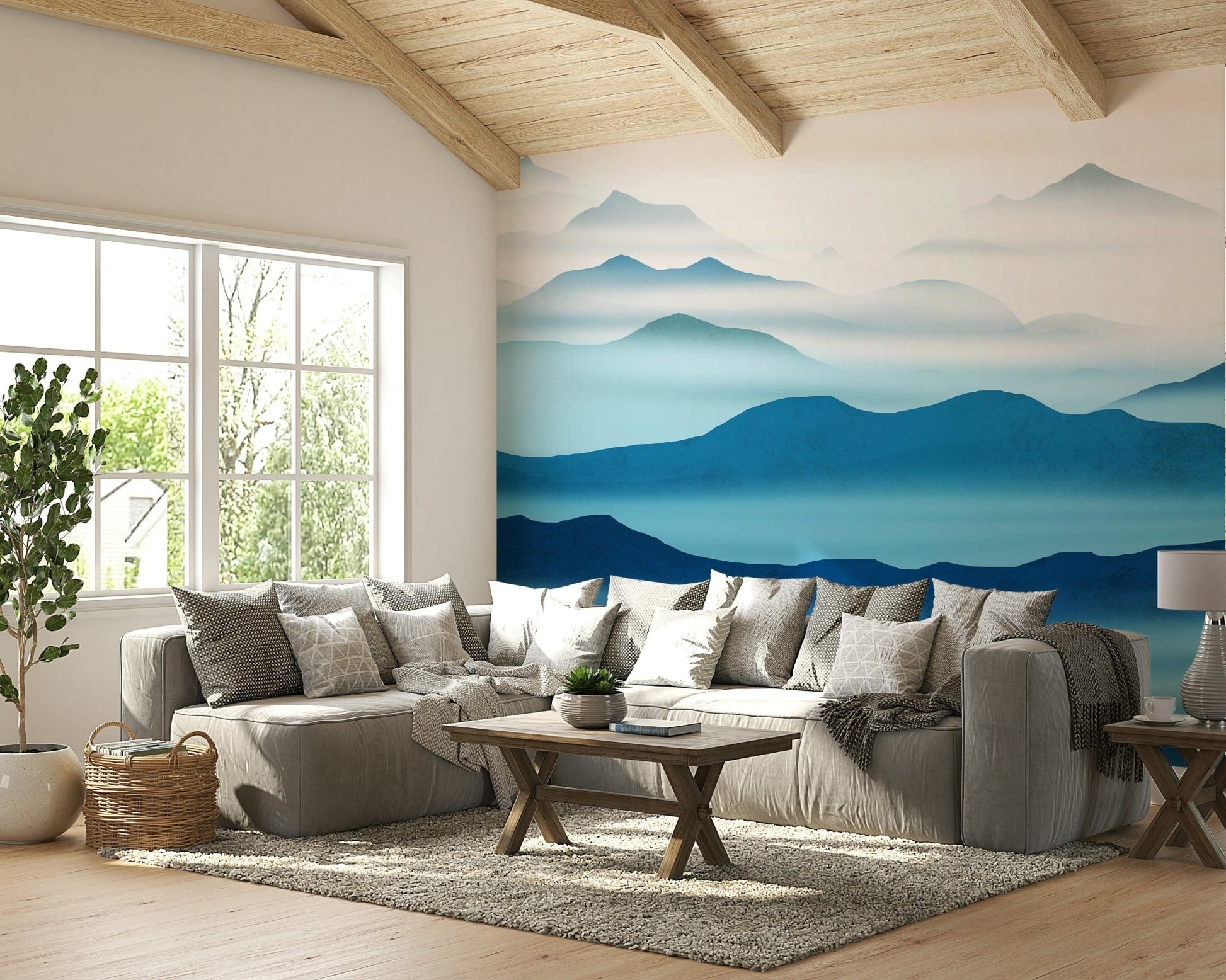 Blue landscape mural with mountain layers


