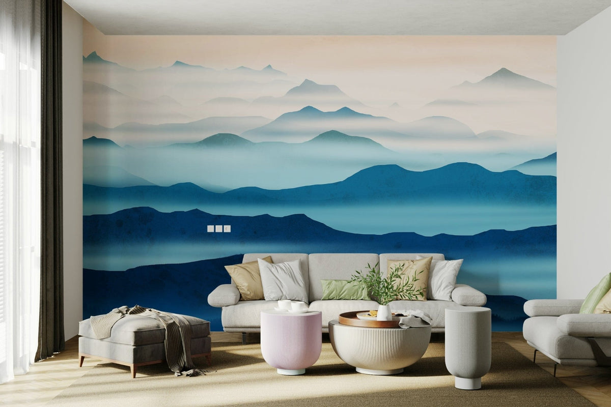 Blue valley wallpaper with misty hills GD098