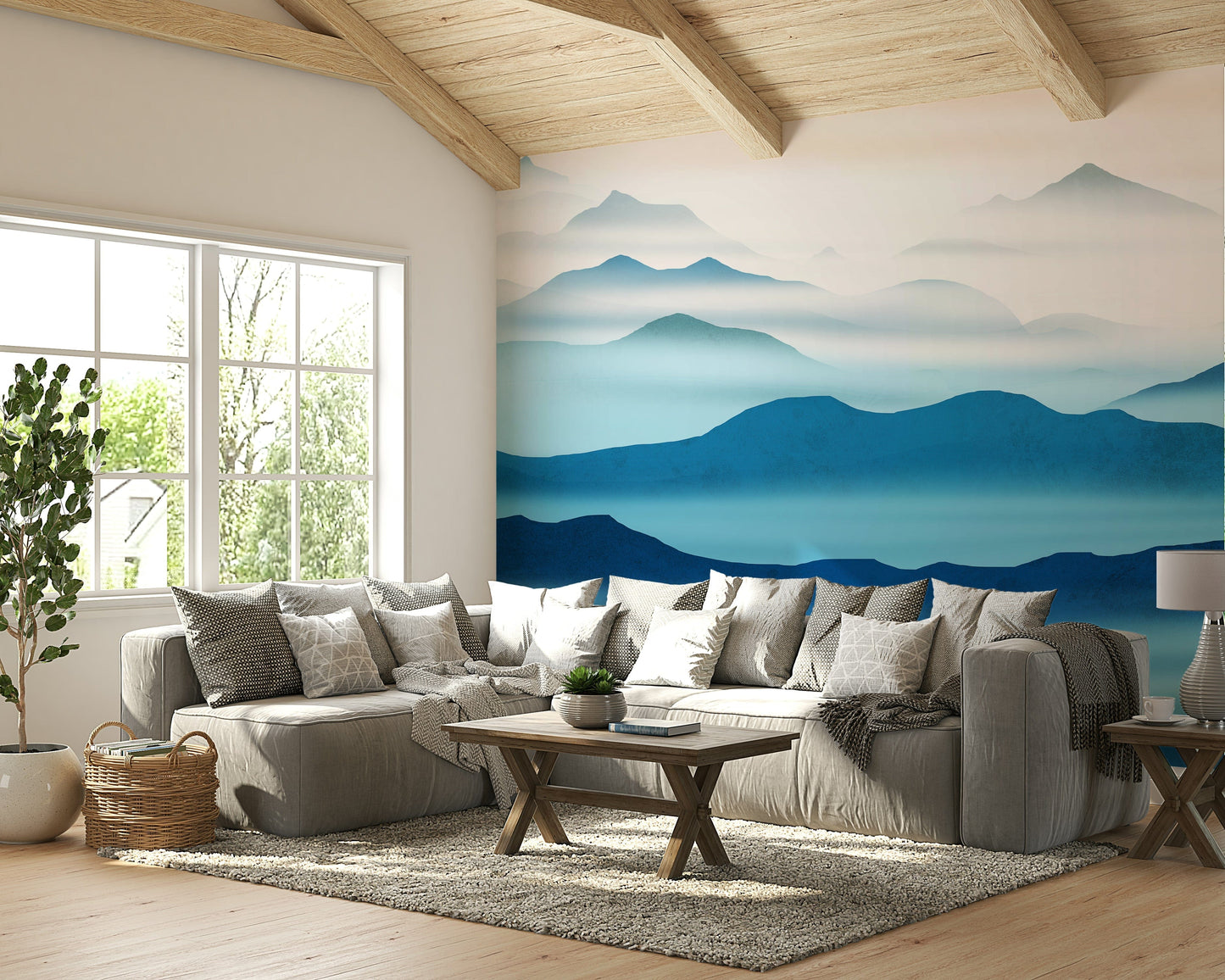 Blue landscape mural with mountain layers

