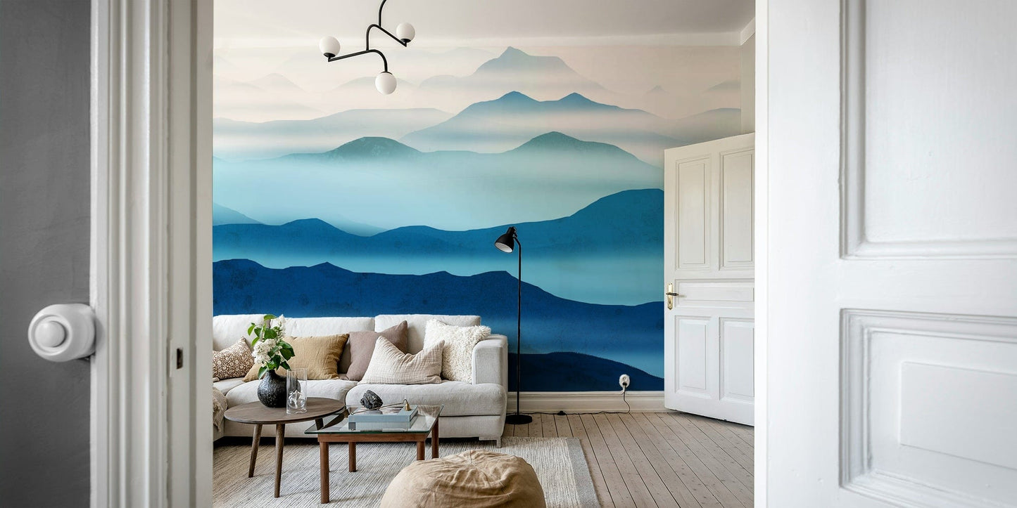 Serene mountain wallpaper in blue hues

