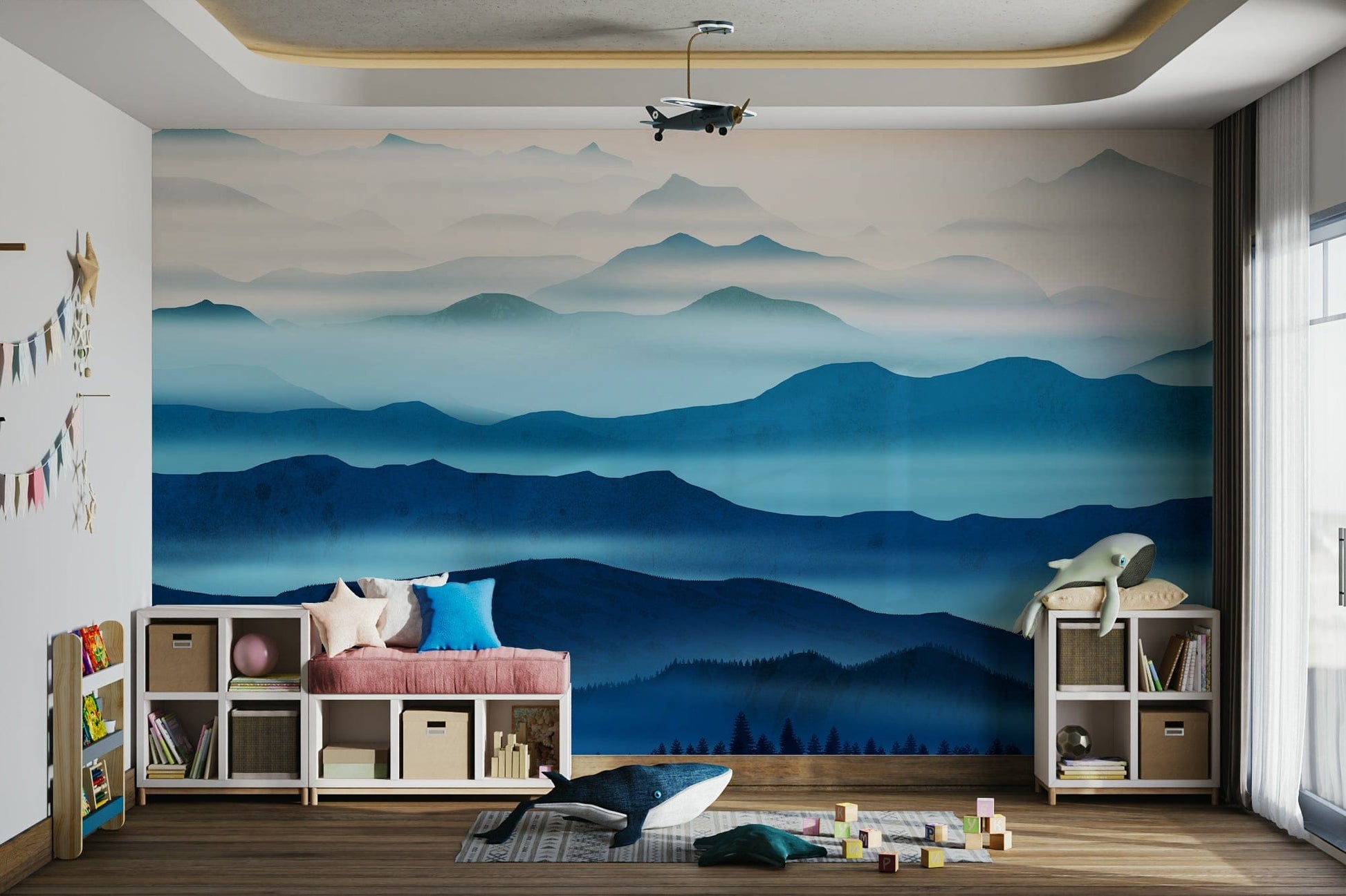 Layered blue mountains wall mural

