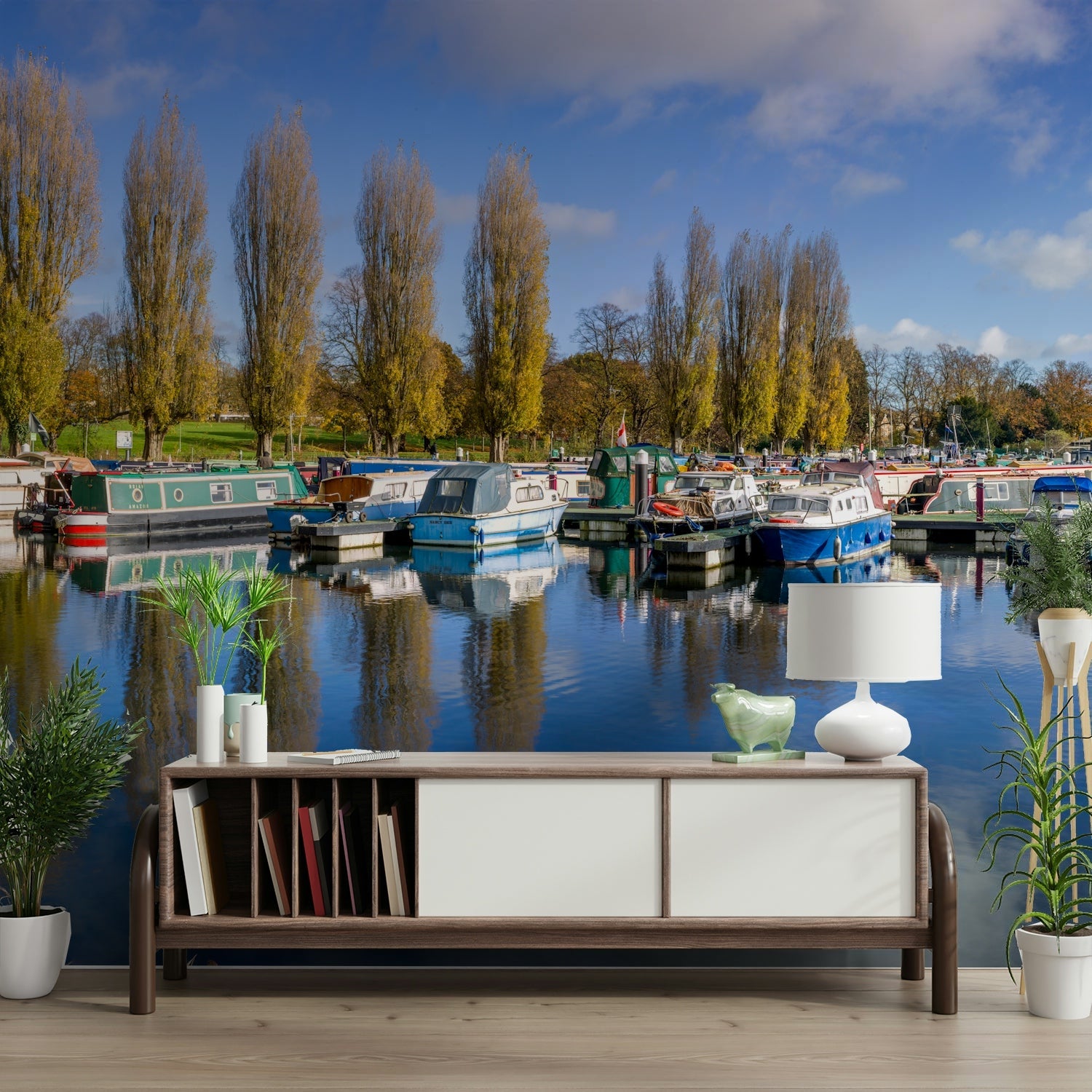 Tranquil boating marina wall mural with docked boats.

