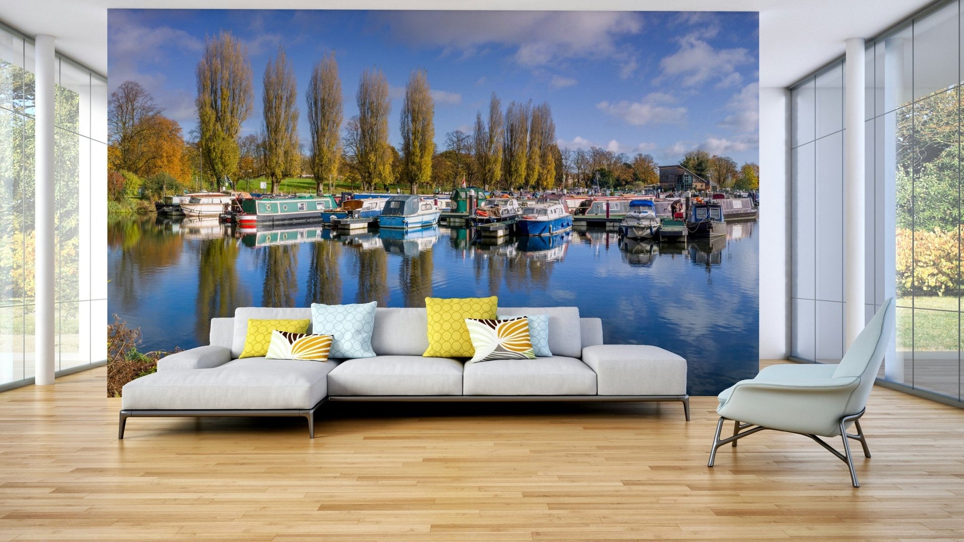 Classic boat marina mural for nautical decor lovers.

