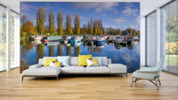 Classic boat marina mural for nautical decor lovers.

