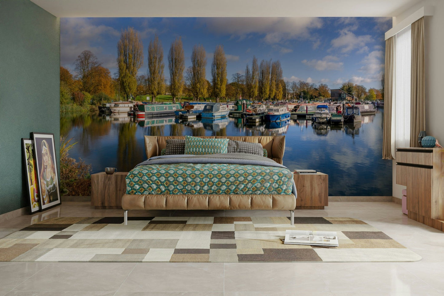 Scenic harbor mural featuring sailboats and calm waters.

