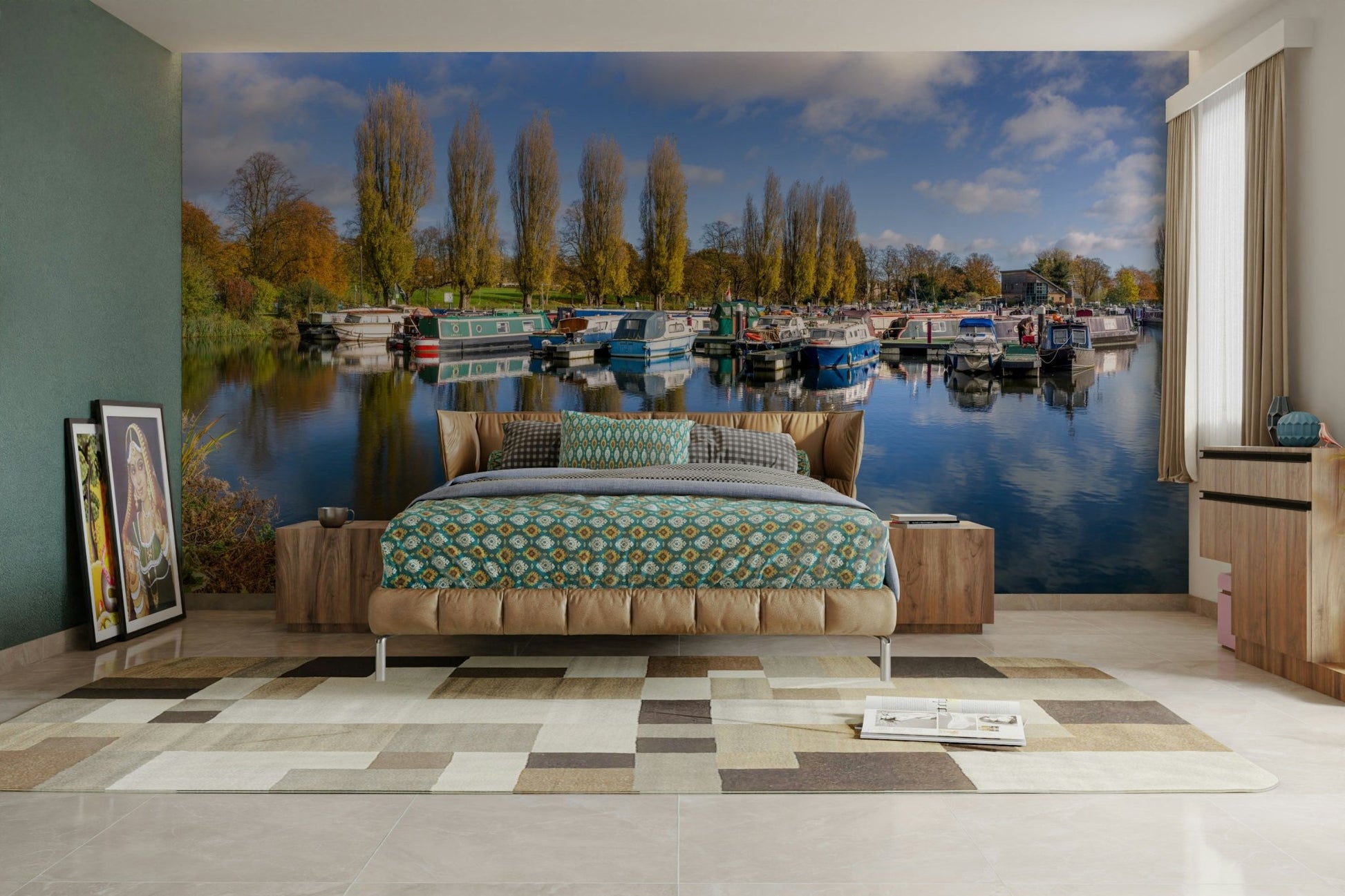 Scenic harbor mural featuring sailboats and calm waters.

