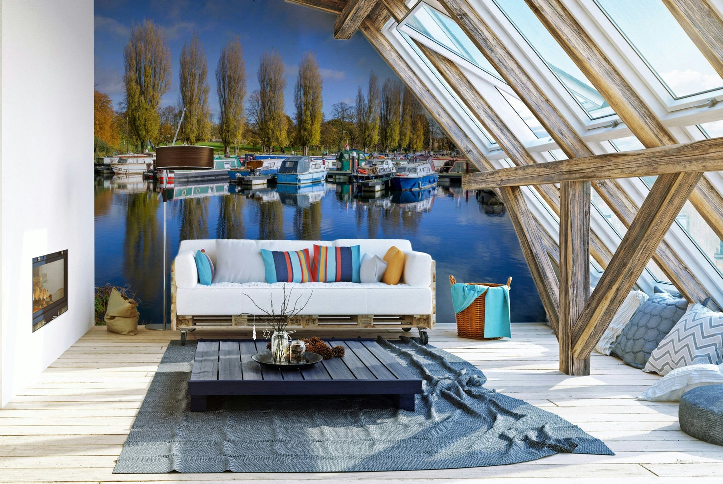 Sunlit boating harbor mural with serene water reflections.

