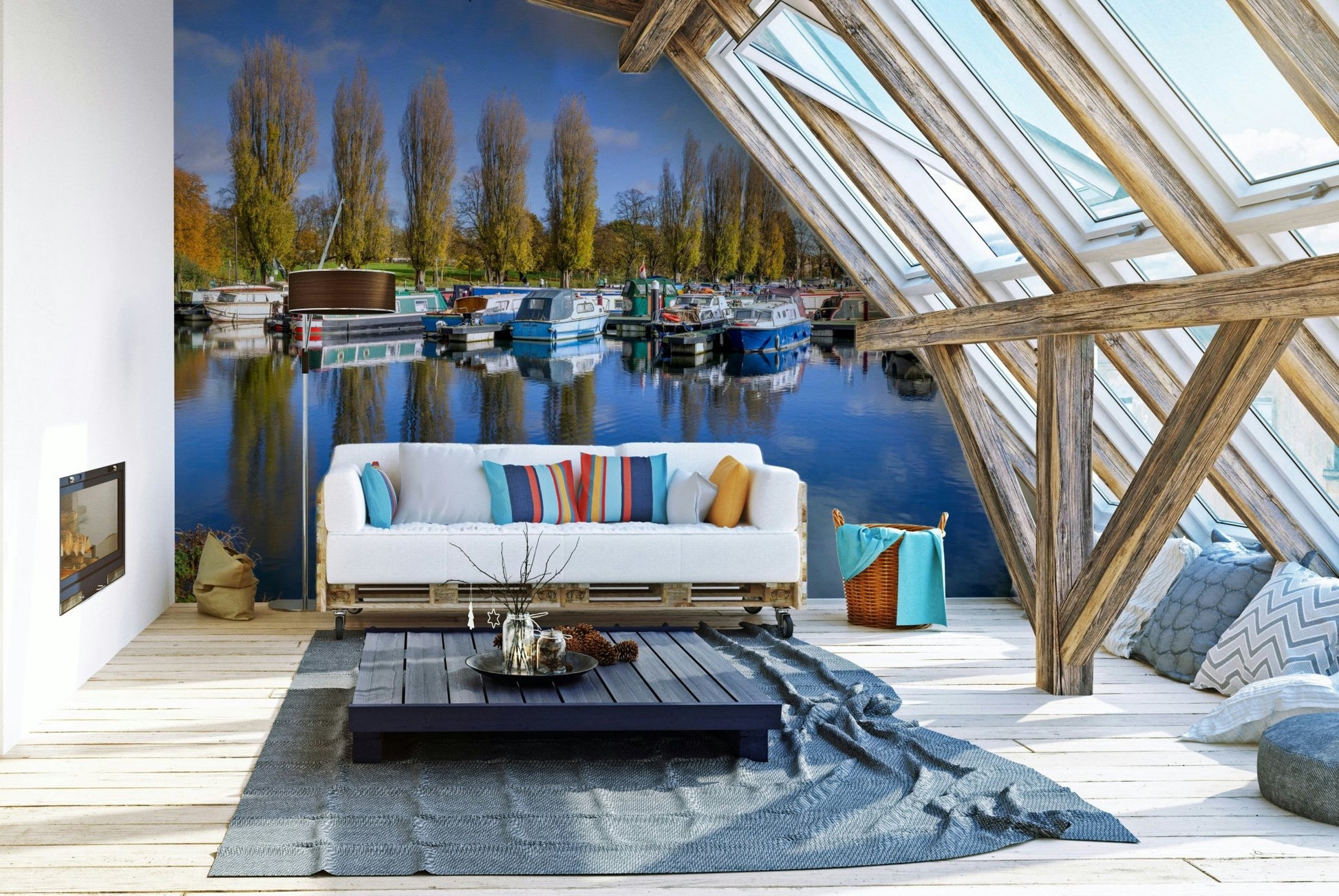 Sunlit boating harbor mural with serene water reflections.

