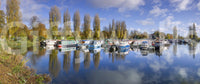 Waterfront wall mural with docked sailboats and sky.

