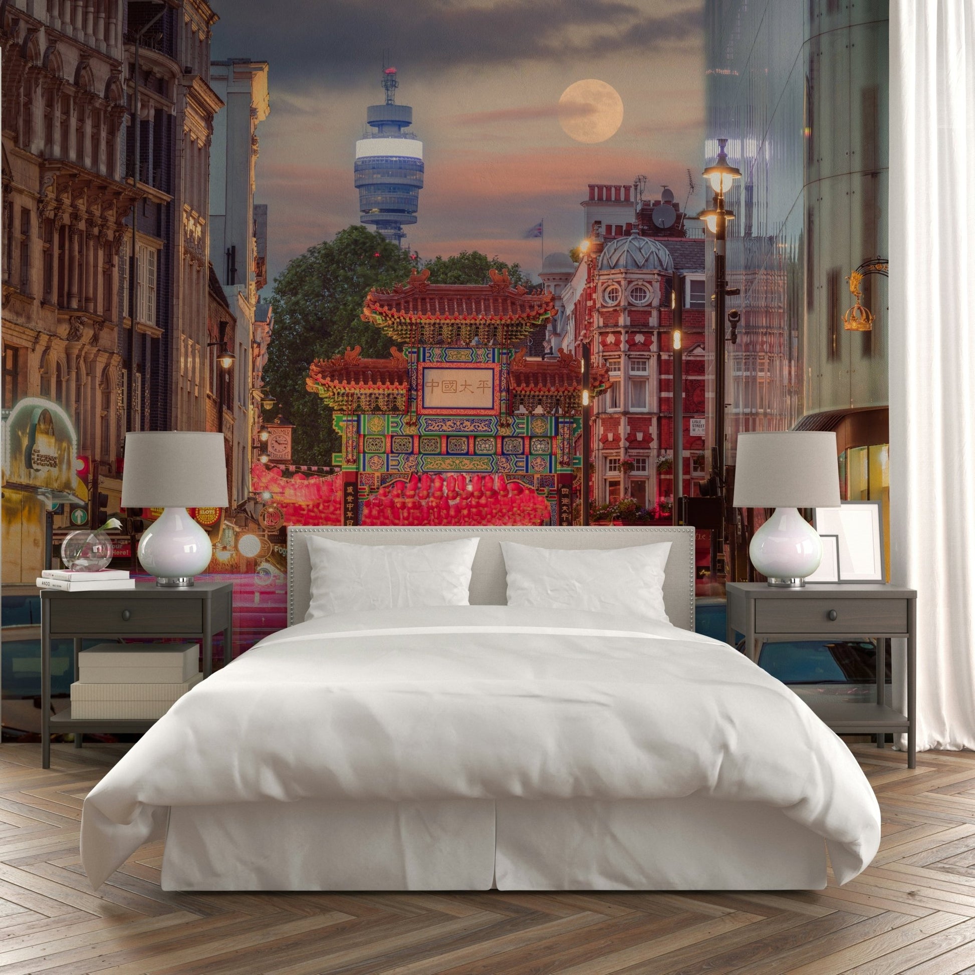 Lively Chinatown scene with illuminated signs and busy streets, GD2670