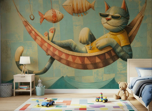 The Cat's Seaside Siesta wall mural brings playful coastal charm for little ones