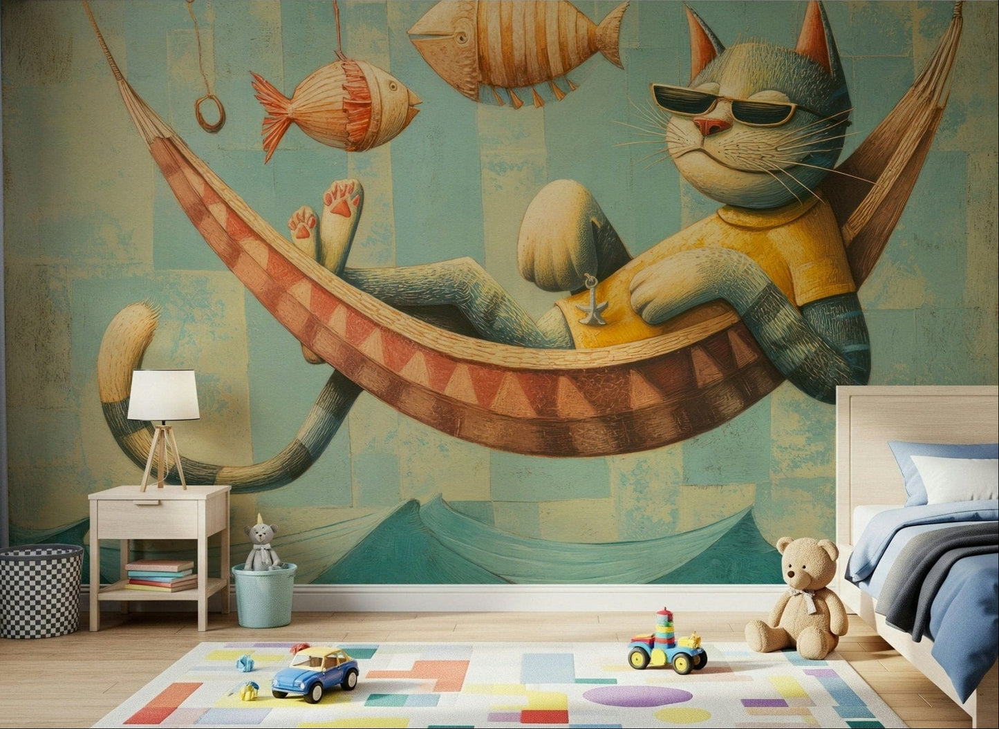 The Cat's Seaside Siesta wall mural brings playful coastal charm for little ones