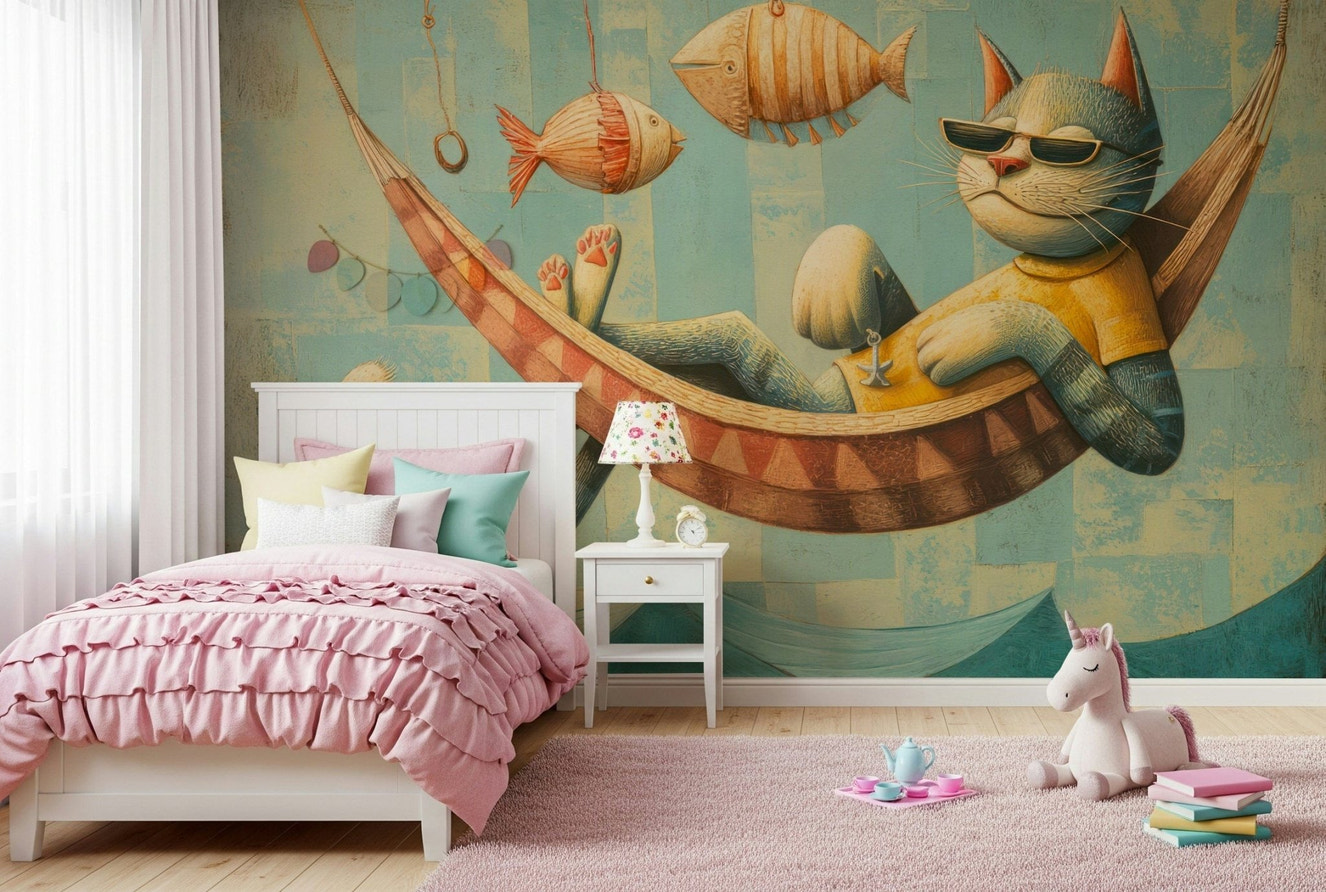 A hammock-loving cat makes The Cat's Seaside Siesta wall mural feel fun and friendly
