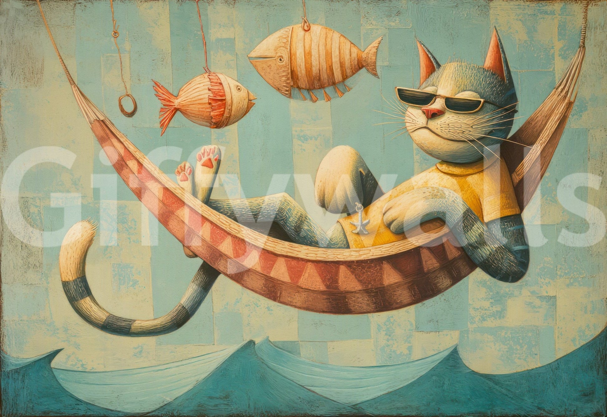 The Cat's Seaside Siesta wall mural shows a lounging cat in a hammock above waves