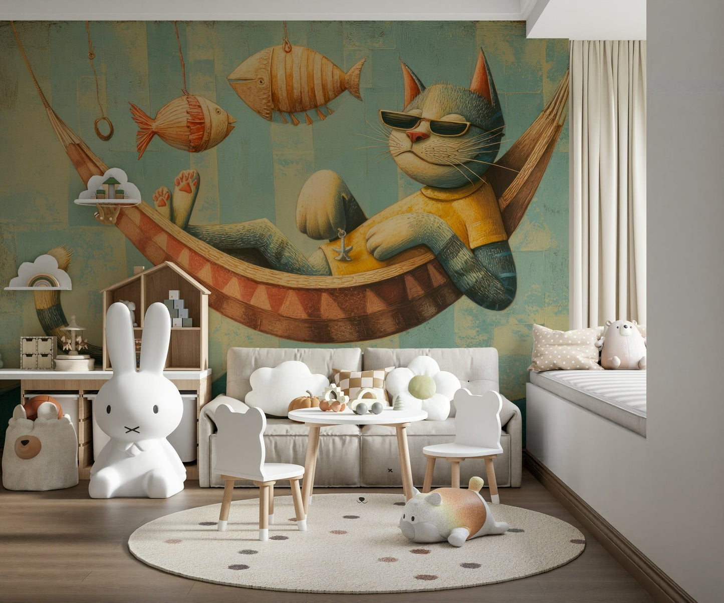 The Cat's Seaside Siesta wall mural creates a happy backdrop for young imaginations