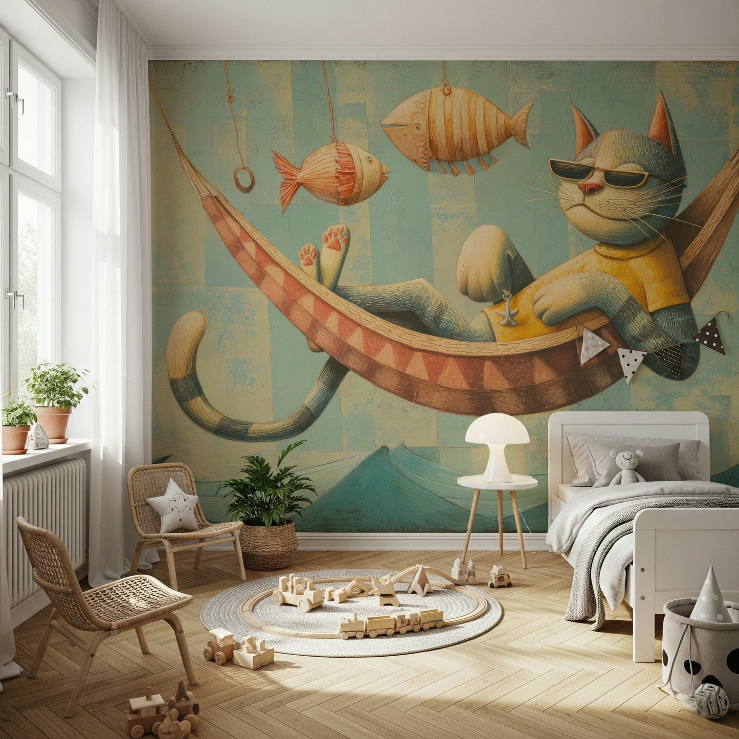 A lounging cat in a hammock gives this children's wall mural sweet character