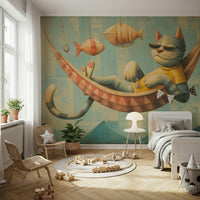 A lounging cat in a hammock gives this children's wall mural sweet character