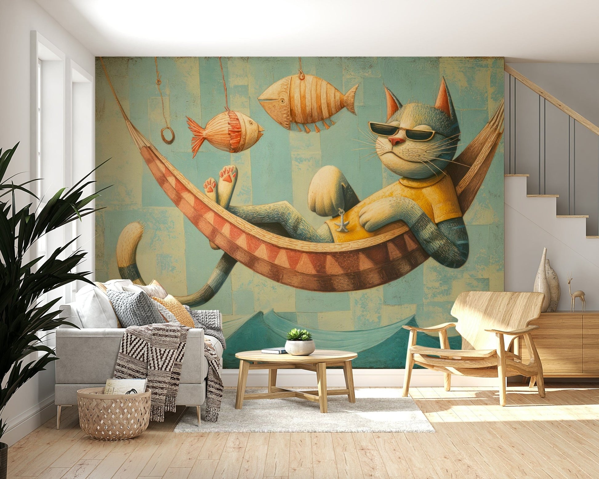 The Cat's Seaside Siesta wall mural blends fun coastal details with a child-friendly look