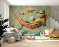 The Cat's Seaside Siesta wall mural blends fun coastal details with a child-friendly look