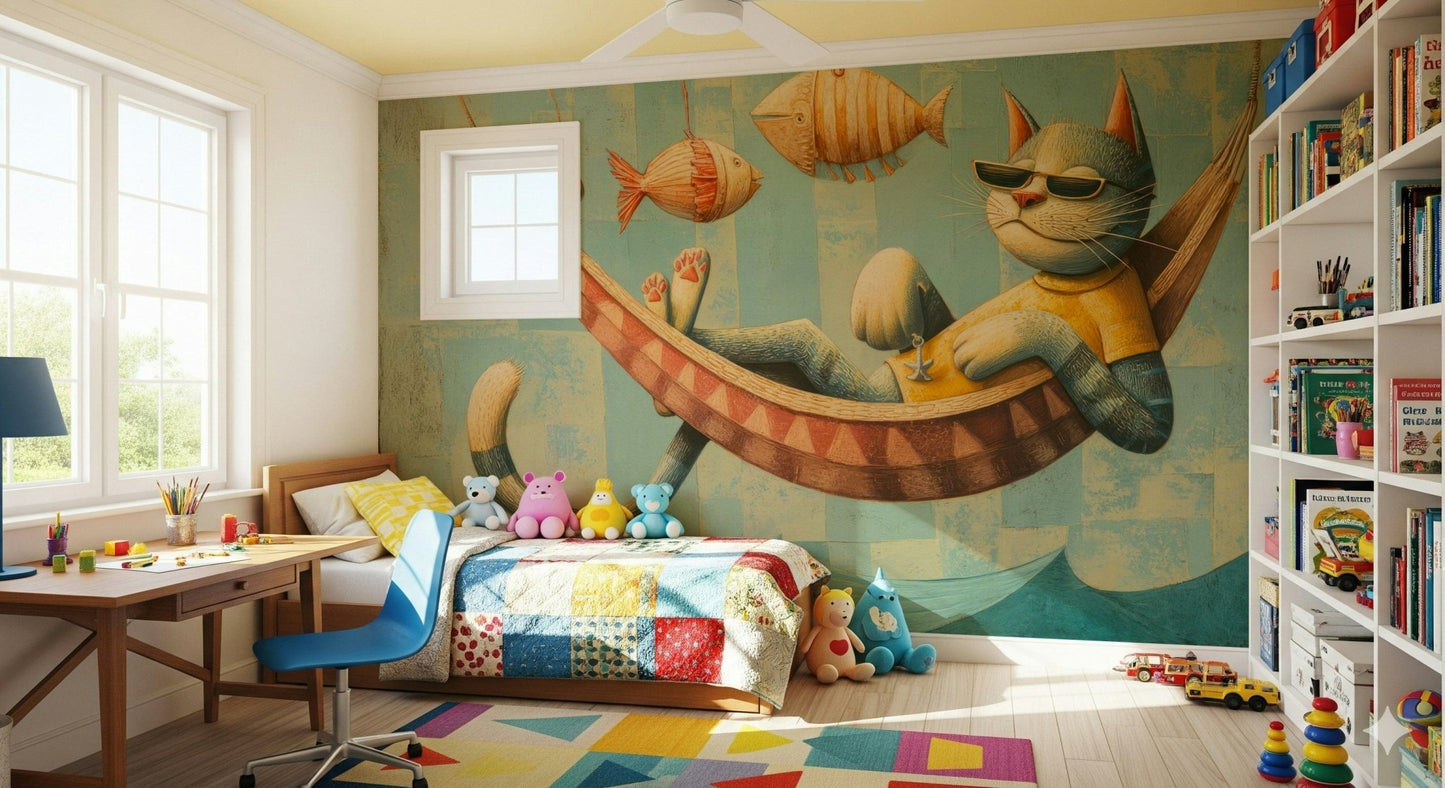 Calm blue tones help this kids' sea wall mural feel light, fun, and easygoing