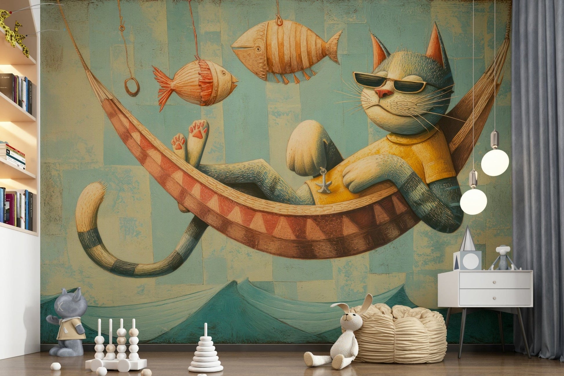 Soft waves and hanging fish give this kids' wall mural a cheerful seaside mood
