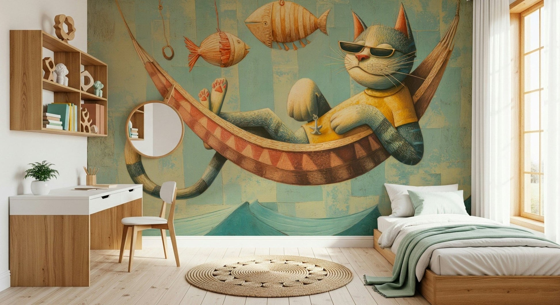 The Cat's Seaside Siesta wall mural suits playful spaces with soft seaside whimsy