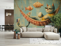 A sunglasses-wearing cat makes this children's wall mural feel bright and relaxed