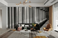 A wall mural of a peaceful cloister.

