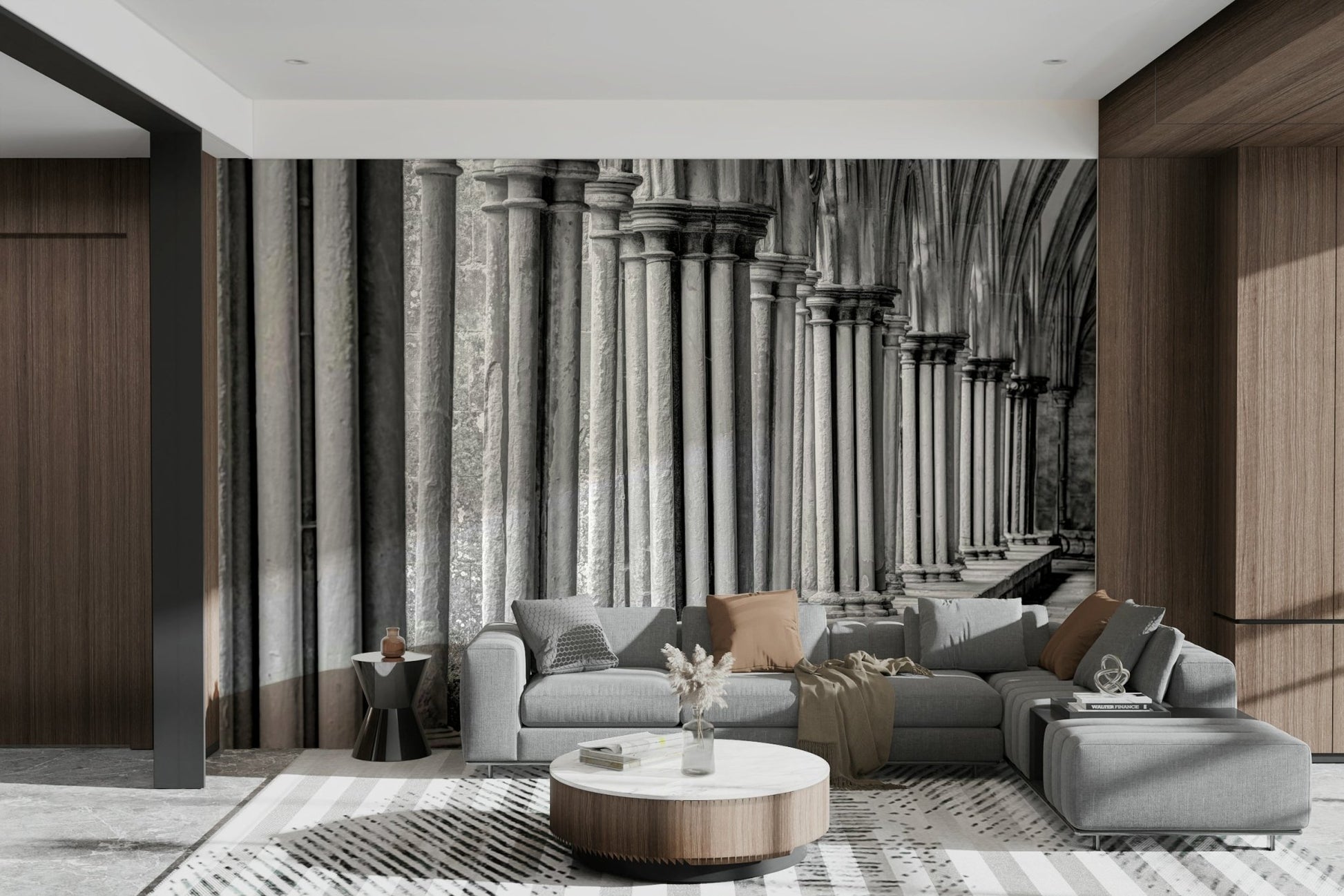 The colors are soft, muted tones of black, gray, and white.

