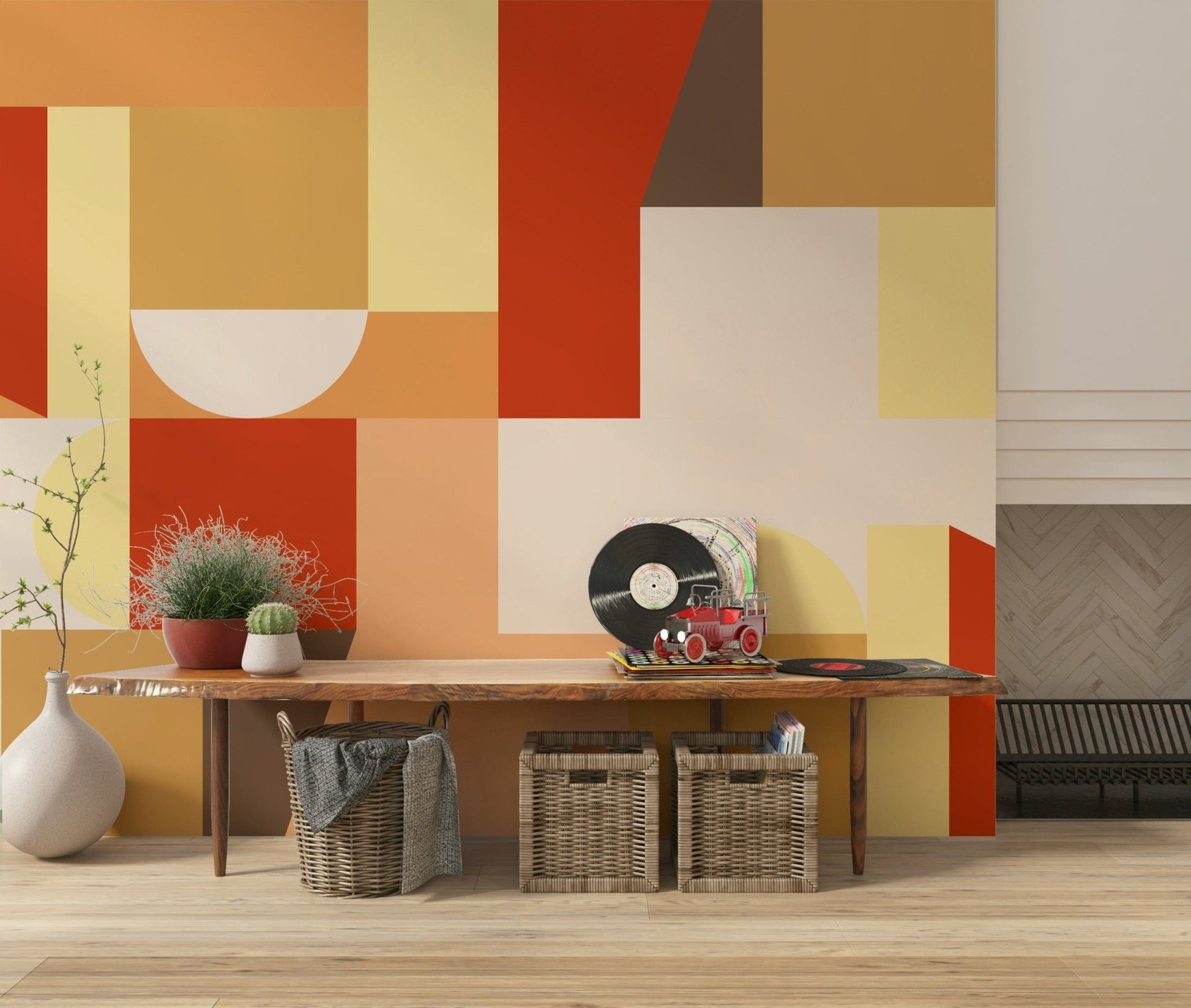 Corner of a reading nook with The Coming of Coziness Wall Mural.