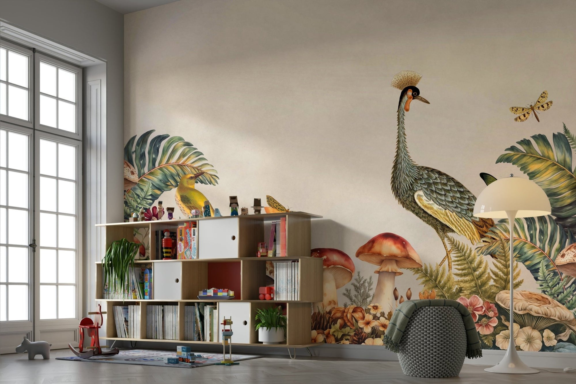 A wall mural of cranes in a forest garden. GD3496

